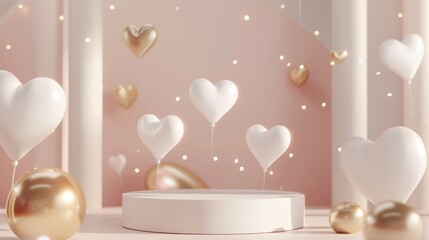 Poster - A white platform surrounded by gold and white balloons, perfect for celebrations or parties