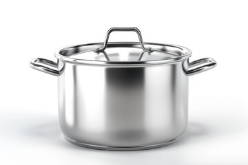 Poster - Close-up of a stainless steel pot on a white surface, great for product photography or still life compositions