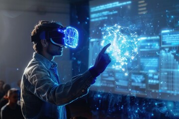 Poster - A person wearing a virtual reality headset standing in front of a projector screen, perfect for tech-related or futuristic concept illustrations