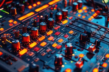 Poster - A detailed view of a sound board with multiple knobs and controls