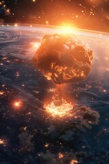 Poster - Explosion in space with bright light and debris, suitable for astronomy or sci-fi themes