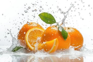 Poster - Fresh oranges falling into a body of water