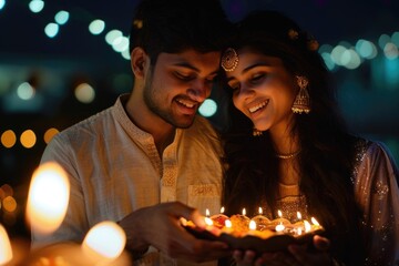 Wall Mural - A romantic couple celebrating with a cake lit by candles, ideal for wedding or anniversary scenes