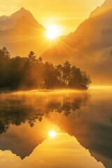 Poster - Sunset scene over a lake and mountains with calm waters and reflection