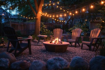 Poster - Cozy outdoor setting with fire pit, lawn chairs, and string lights for a warm evening gathering