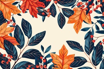 Poster - Pattern of leaves and berries on a white background, great for decorating or design