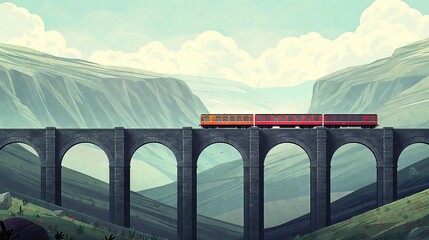 Scenic train journey across a mountainous viaduct with rolling hills