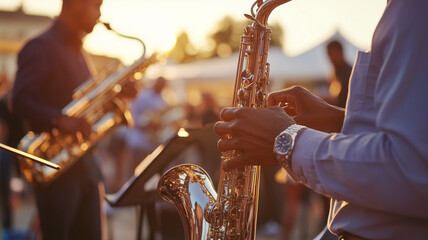 An outdoor event at sunset, where a Black History Month concert takes place with musicians playing jazz and gospel, and the crowd enjoying the music. Ai generated