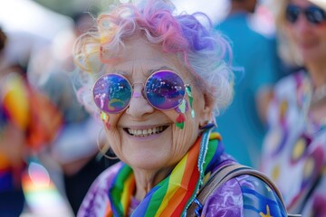Poster - A senior woman wearing sunglasses and a rainbow scarf, perfect for a variety of uses including lifestyle, fashion, and travel