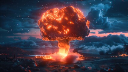 Poster - A massive explosion of smoke and fire fills the sky, with flames rising high into the air