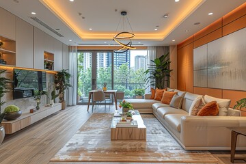 A large living room with a white couch, a coffee table, and a potted plant