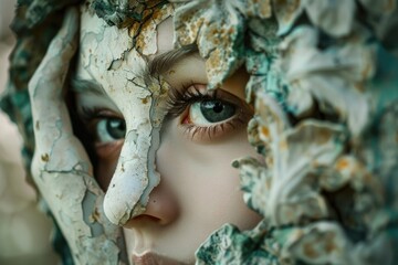 Fototapete - A close-up shot of a woman's face with a piece of wood covering it, possibly hiding her identity or expression