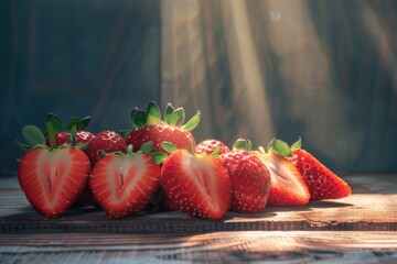 A bowl of fresh strawberries sits on a wooden table, ready for snacking or decorating