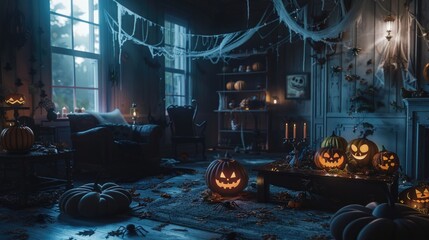 Poster - Cozy living room filled with Halloween decorations and atmosphere