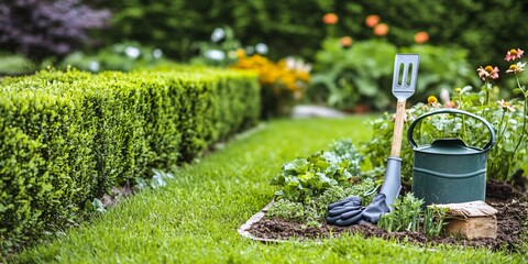 Wall Mural - Gardening tools on a green lawn.