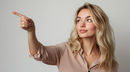 Blonde lady in a casual shirt pointing towards the upper right corner with a confident expression, studio shot with bright lighting. Ai generated