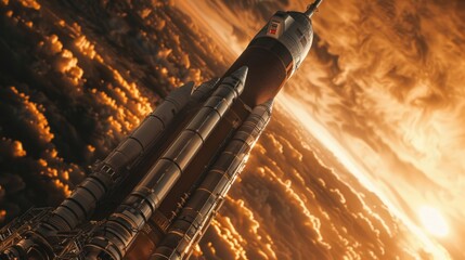 Poster - A spacecraft soaring through a cloudy atmosphere, ideal for use in scenes about space travel, technology, or adventure