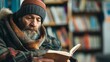 © Olga - Homeless elderly man reading in cozy library with warm winter attire