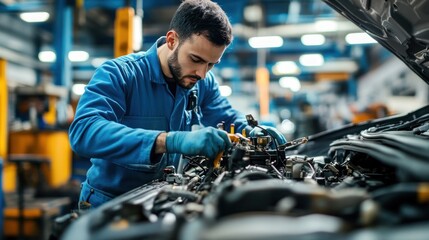 Poster - A mechanic working on a car engine in a workshop.