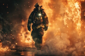 Poster - A firefighter walks through flames carrying a torch, a dramatic scene of bravery and rescue