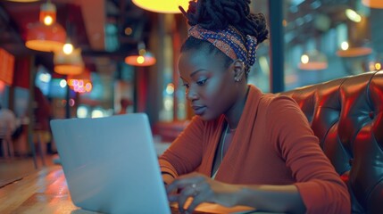 Canvas Print - A woman sits at a table with a laptop, focused on her work