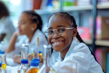 Poster - A group of young girls working together at a table in a laboratory environment, ideal for use in educational or scientific contexts