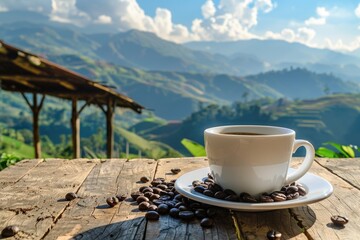 Poster - A cup of coffee placed on a wooden table