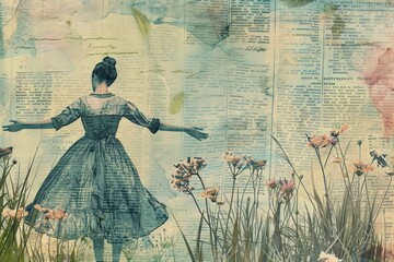 Canvas Print - Women meadow arms out peaceful ephemera border drawing adult dress.