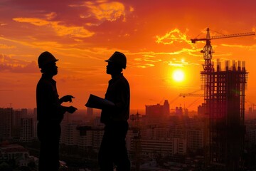 Poster - Two workers standing together looking out at the setting sun