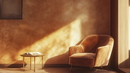 comfortable hotel nook with a velvet armchair, warm-toned walls, and a small coffee table with a magazine