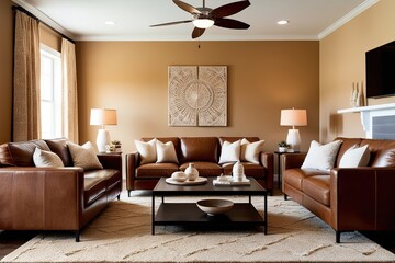 Wall Mural - Contemporary Living Room Design Featuring Leather Sofa and Warm Beige Cozy Decor