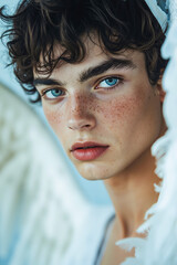 Sticker - A young man with freckles on his face and a white angel wings