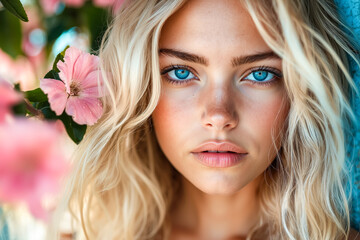 Poster - A woman with long blonde hair and blue eyes with a pink flower in her hair