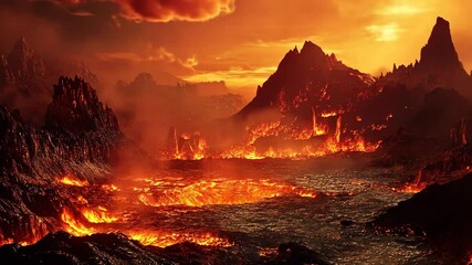 Wall Mural - A fiery landscape with molten lava flowing between jagged mountains under an orange sky