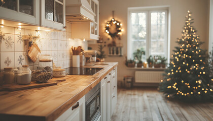 Cozy christmas kitchen with glowing lights and decorated christmas tree