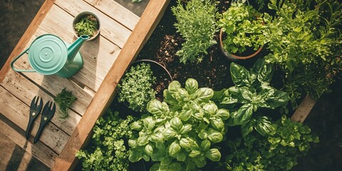 Sticker - Overhead view of a garden bed with various herbs, a watering can and garden tools.