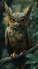 Wall Mural - Close-Up Portrait of a Majestic Owl Perched on a Branch