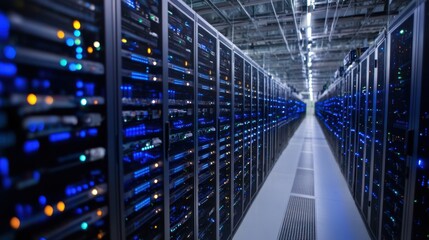Poster - A server room filled with racks of servers, illuminated by blue and orange lights.