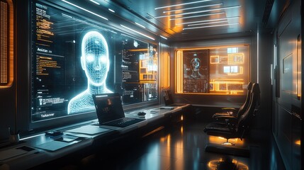 AI hologram in high-tech control room environment.