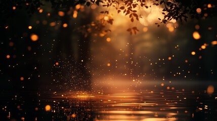 Wall Mural - golden light refracts through trees over tranquil water at dusk, creating a magical, serene atmosphe