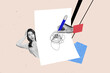 © deagreez - Composite photo collage of astonished girl peek paper sheet hand draw scribble pencil doodle psychotherapy isolated on painted background