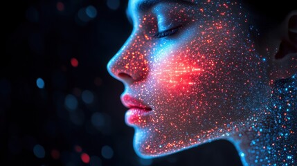 Poster - Digital face with glowing data points and ethereal look