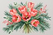 © Michael - Dynamic Watercolor Floral Burst Featuring Coral Tulips and Juniper Sprigs for Stunning Announcements and Designs