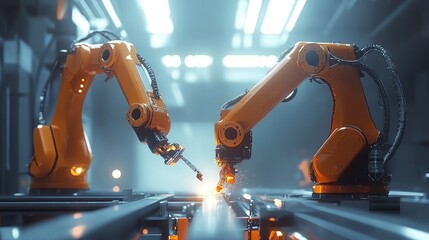 Two robotic arms welding in a factory.