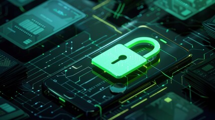 Poster - Smartphone with a digital padlock icon on the display and a circuit board background, a cyber security concept for online protection
