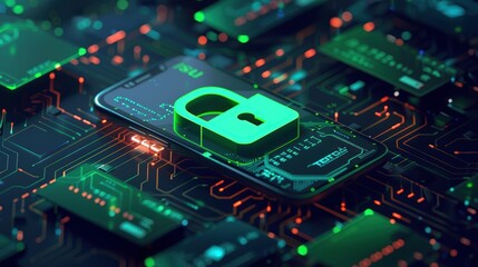 Poster - Smartphone with a digital padlock icon on the display and a circuit board background, a cyber security concept for online protection