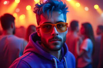 Canvas Print - A man in a blue hoodie and orange sunglasses at a party