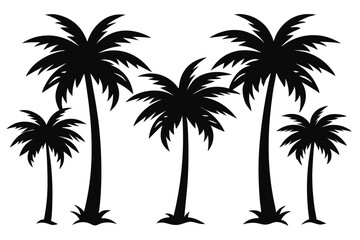 Set of Palm trees silhouette. Retro coconut trees, hand drawn tropical palm on white background