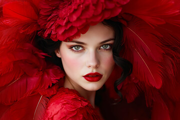 Canvas Print - A woman in a red dress with a large red flower in her hair