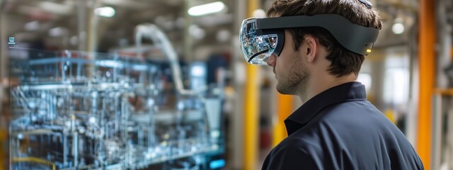 Poster - a technician using augmented reality glasses to inspect machinery in a modern industrial facility du